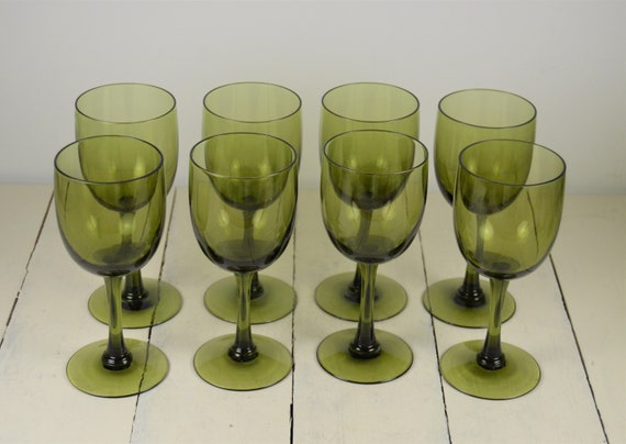 Set of 8 Sasaki ROMANCE GREEN 5 Oz Wine Glasses 5.25, Small Wine Glass,  Olive Green, Smooth Stem 