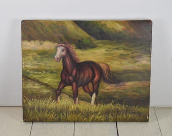 Original Art Painting 8x9.75 Running Horse in the Country, Artist Signed, Canvas, Brown Horse
