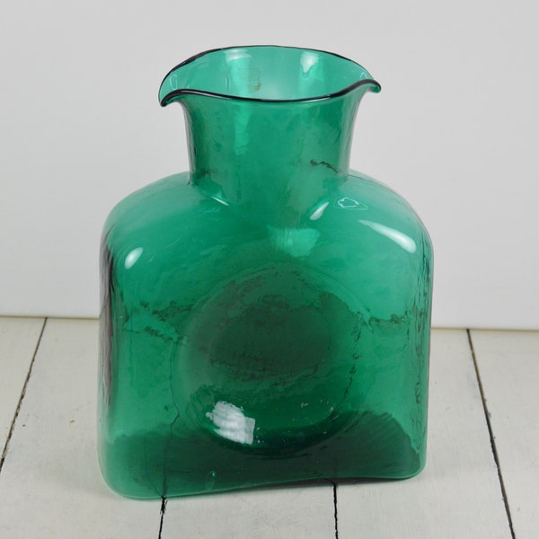 Blenko Emerald Green Glass Double Spout Carafe 8", Water Pitcher, Jug Decanter Vase, Art Glass, Lightly Textured Dimpled, Used