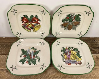 Set of 12 Spode DECORATING THE TREE 5.75" Square Canape Plates, World of Christmas, Appetizer Holiday Plate, Green Rim 3 Per Design