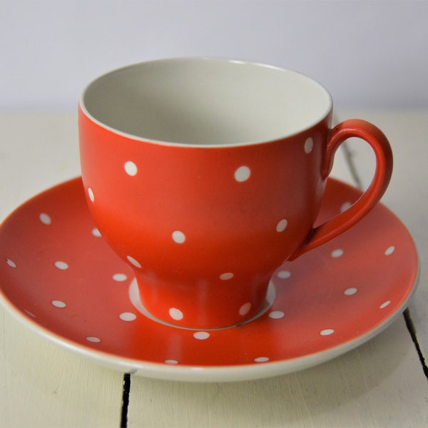 Gefle Sweden AMANITA Orange Cup and Saucer Set 4 oz, Orange with White Dots, Demitasse Tea Cup, Upsala Ekeby, Made in Sweden