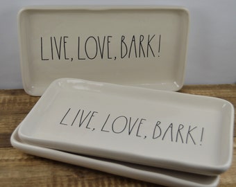 Single Piece - Rae Dunn Trays LIVE LOVE BARK, 9", Dog Lover, "Live, Love, Bark!", Ceramic Plate, Trinket Dish, Artisan Collection by Magenta
