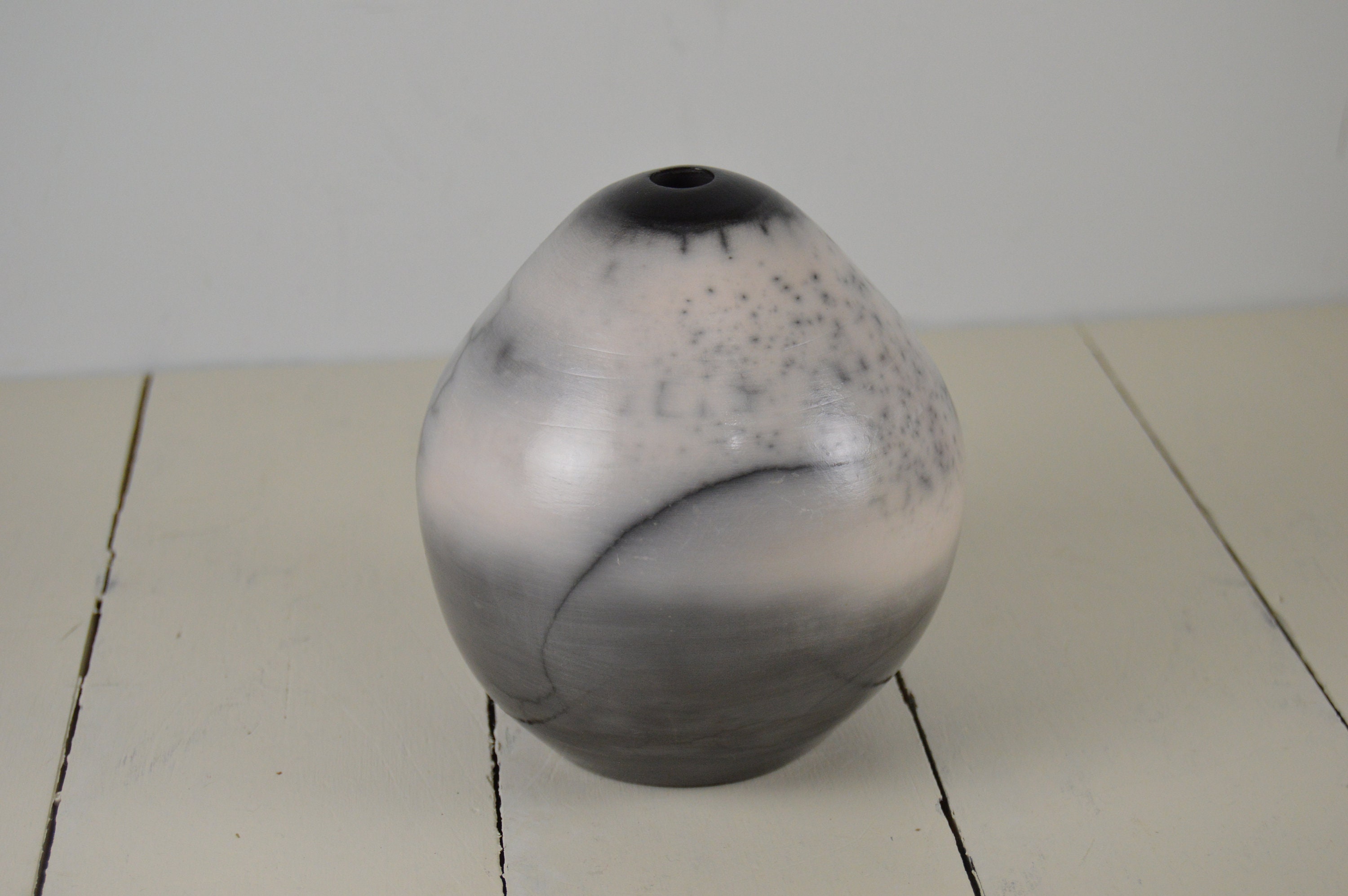 Round Raku Bud Vase, Single Flower, 4.5", White Gray Black, Lightning