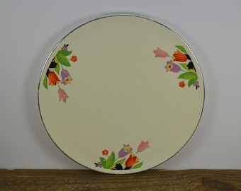 Hall CROCUS 9.25" Cake Plate Round Platter, Off-White with Silver Band Purple Red Green Flowers on Handle, Used