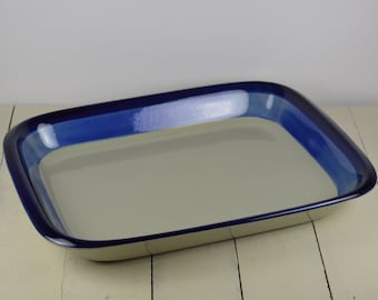 Rorstrand Sweden MIRA MARE Rectangular Baking Dish 14.5", Lasagna Pan, Gray with Blue Bands, Used