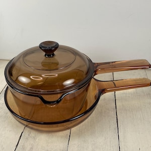 Vision Cookware Set, 1) 1 Liter Pot with Lid, Pour Spout, 1) 7" Corning France Skillet, Amber Brown Glass, Visions Glass