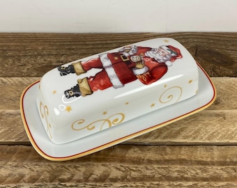 Williams-Sonoma Twas the Night Before Christmas SANTA 1/4 lb Covered Butter Dish, Standing Santa Reading a Letter, Gold and Red Trim