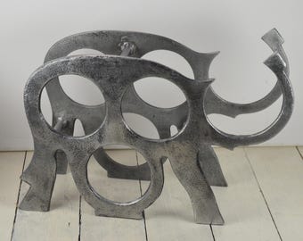 Metal ELEPHANT Shaped Wine Rack, 9", Textured Silver Metal, Holds 4 Regular Sized Bottles, Countertop or Floor