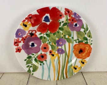 Anthropologie VERDANT ACRES 8" Salad Plate, White with Colorful Flowers Red Purple Yellow Orange Green, Black Bird Logo