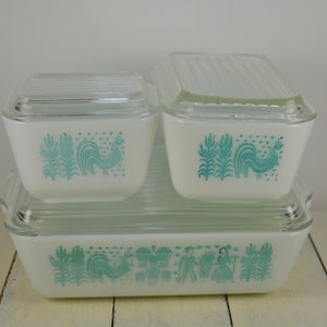 Complete Pyrex BUTTERPRINT Refrigerator Set, 4 Dishes/4 Lids, White Turquoise 501 0502 0503, Fridgie, Vintage Pyrex, Amish Butterprint