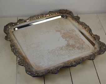 EAPG Poole 812 Silverplate 12" Footed Tray Square Cake Plate Serving Platter, Raised Scalloped Rim, Used Tarnished