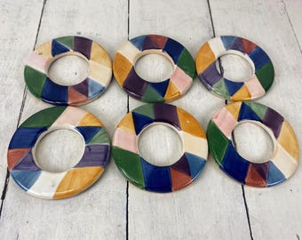 Set of 6 Tabletops CARNIVAL Ceramic Napkin Rings 2.75", Multicolor Geometric Diamond Pattern, Flat Shape