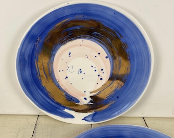 Set of 2 Anthropologie SUITE ONE STUDIO Lindsay Emery 7.25" Dessert Salad Plates, White with Periwinkle Blue and Pink Metallic Gold Swirl
