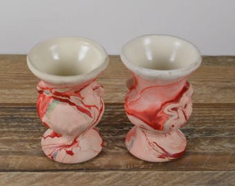 Set of 2 Morton Pottery Paint Sampler Vases, 3.25", Swirl Paint Design, Reds Pinks Greens Matte Outer, Glazed Inner