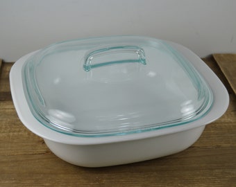 CorningWare Simply Lite 2.5 Quart Glass Square Baker with Pyrex Lid 680C, 11", White Baking Casserole Dish, Handles, USA