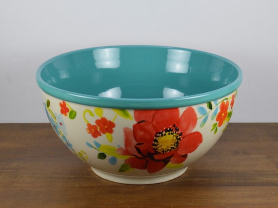 Pioneer Woman 8.75 Stoneware Mixing Bowl, Bright Floral With Teal Turquoise  Inside, Salad Serving Bowl 
