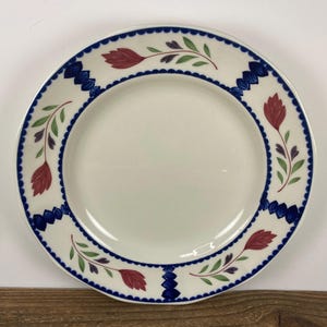 Set of 6 Adams China LANCASTER 10.25&quot; Dinner Plates, White with Blue Bands Red Flowers, English Ironstone Made in England, Used/1 Small Chip