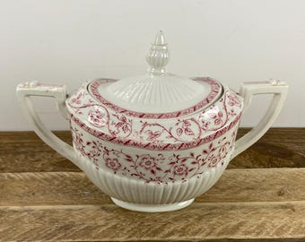 Ridgway's Stoke on Trent VENETIAN Sugar Bowl with Lid, White with Pink Floral Transfer, Fluted Detail, Pointed Handles, Old Flaws
