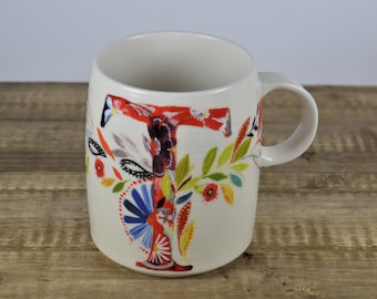 Anthropologie Starla M. Halfmann 12 oz Initial T Mug, White with Colorful Graphic Flowers Blue Initial T, T Name, Monogram, 4"