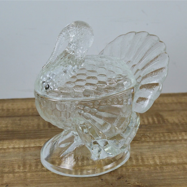 Smith Glass 7" Clear Glass Turkey Dish, Pressed Glass Feathers, Turkey Tailfeathers, Oval Base, Covered Candy Dish Bowl, L.E. Smith