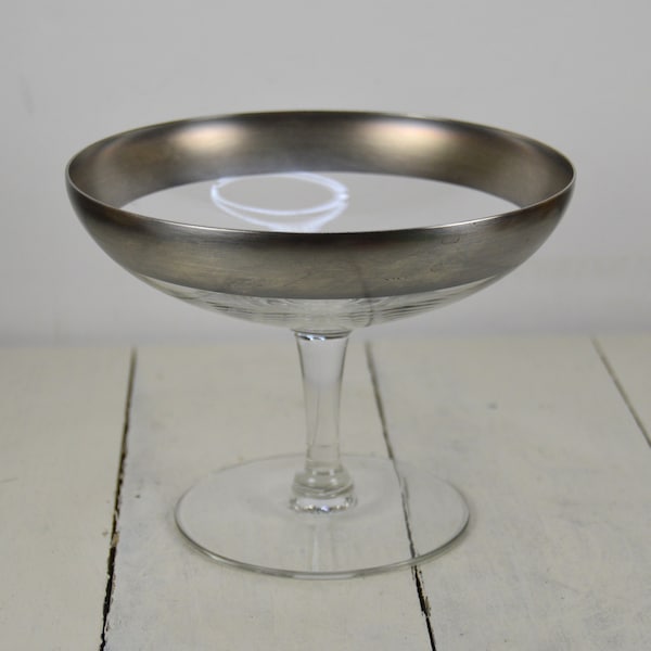 Authentic Dorothy Thorpe SILVER BAND 4" Compote, Clear Glass Silver Rim, Candy Dish, Pedestal Serving Dish, MCM