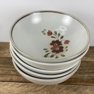 Set of 5 Denby-Langley SERENADE 6.5&quot; Coupe Cereal Bowls, Soup Bowls, Off-White Stoneware with Rust Brown Flowers, Made in England