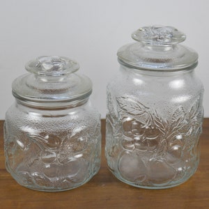 Set of 2 Libbey ORCHARD Fruit Glass Jars, 5&quot; 6.5&quot;, Glass Storage Canisters, Strawberries Cherries Pears Fruit Design, Slight Green Tint