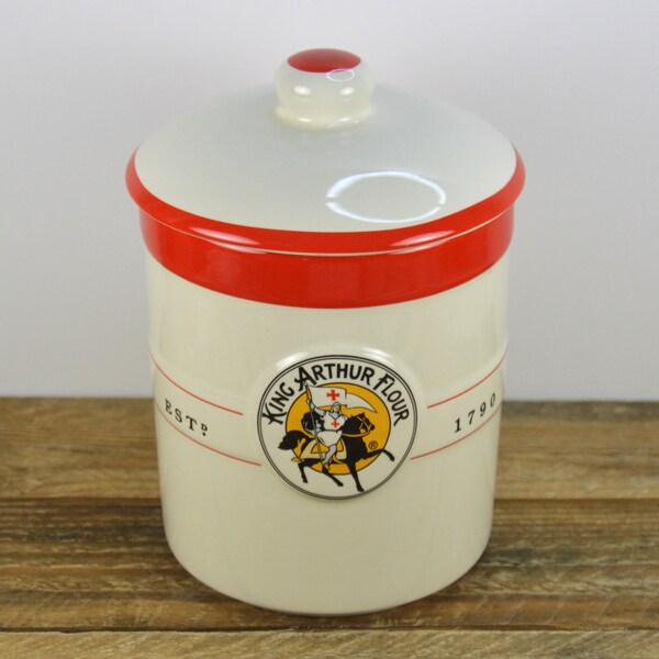 King Arthur Flour 1 quart Canister by Chantal 7.5", Advertising Jar, White Red Knight Black Horse, Off-White Red Trim