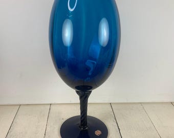 Lefton Trademarks Exclusive Italy 11 5/8" Blue Glass Goblet, Italian Art Glass, Optic Bowl Twist Stem, Lefton Tag