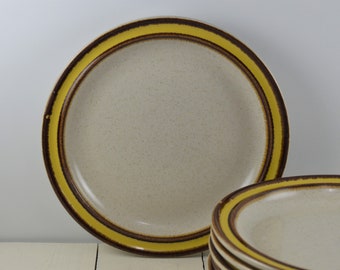 Set of 8 International ORLENA 7.5" Salad Plates, Suncraft SY-6002 Japan, Stoneware, Natural Brown Speckles with Yellow Band