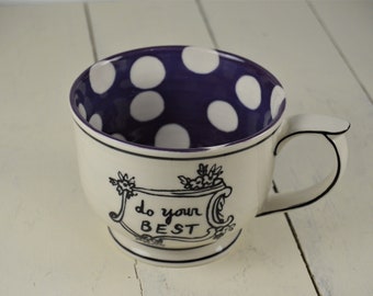 Anthropologie MOLLY HATCH Do Your Best 12 oz Mug, White Black Purple, White Polka Dots, 3"