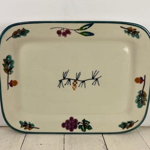 Hartstone WOODLAND 12.5" Rectangular Platter Tray, Ivory with Grapes Berries Oak Leaf Acorn Pine, Green Rim, Hartstone USA Stoneware