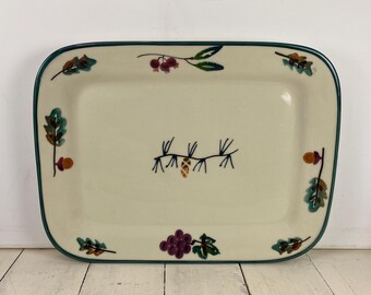 Hartstone WOODLAND 12.5" Rectangular Platter Tray, Ivory with Grapes Berries Oak Leaf Acorn Pine, Green Rim, Hartstone USA Stoneware