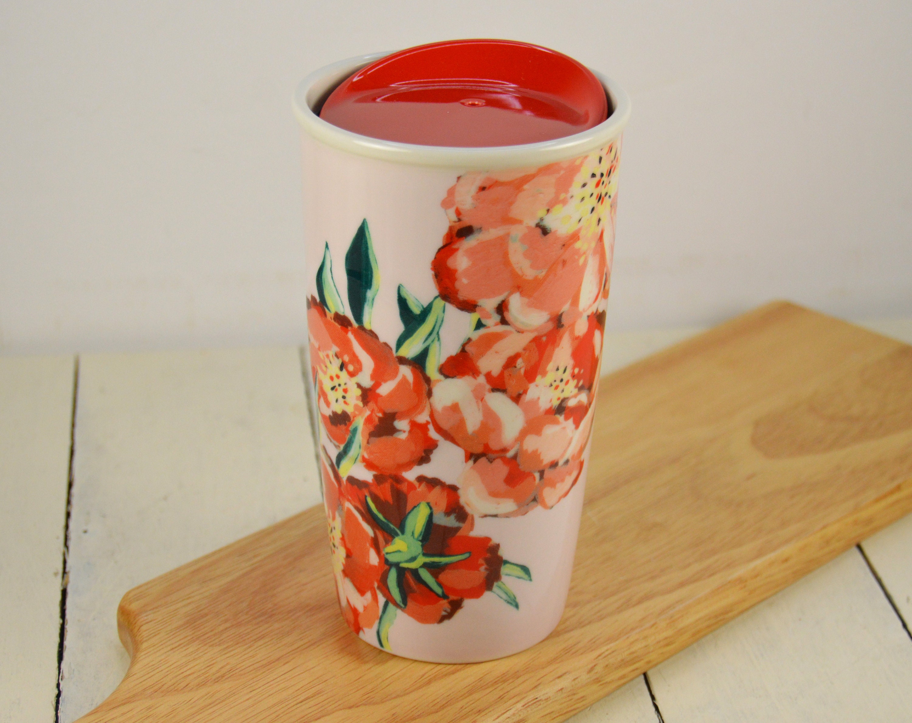 Starbucks Travel Mug Tumbler 10oz Floral Red Flowers Ceramic