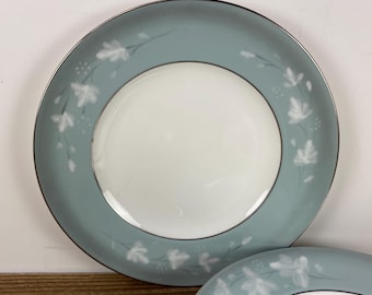 Set of 4 Royal Worcester MOONFLOWER 8" Salad Plates, Bone China, Blue Rim Silver Trim, Pate sur Pate Hand Painted Flowers Under Glaze, Used
