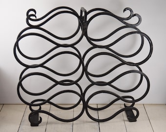 Wrought Iron Metal Curvy Wine Rack, Holds 10+ Regular Sized Bottles, Counter/Tabletop Size, 14" High, Carrying Handle, Rustic Aged Look