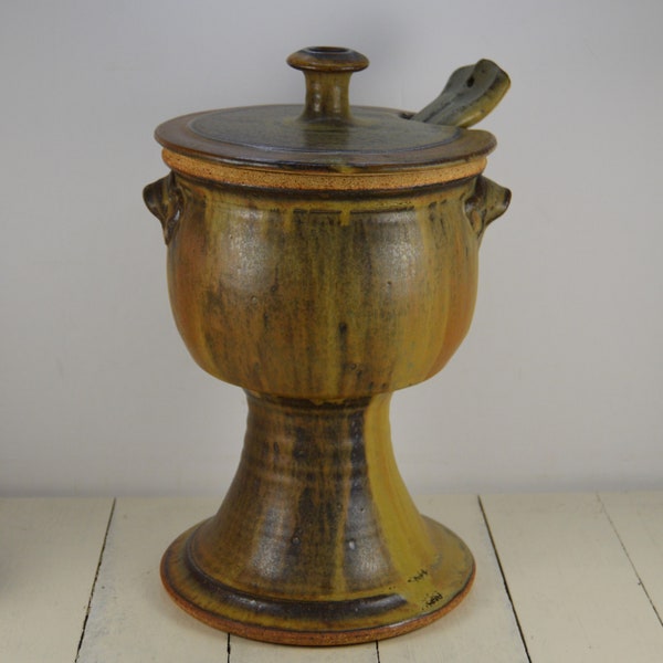 Hand Made Pottery 2.5 Quart Tureen with Lid and Ladle, Pedestal Soup Tureen, Brown Beige, 10.75" Heavy