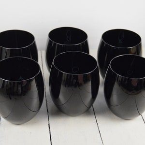 Set of 6 Sasaki EBONY 12 oz Flat Tumbler, Tulip Shape, Stemless Wine Glass, Shiny Mirror Black, 4"