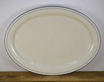 Lenox BLUE PINSTRIPES 14" Oval Serving Platter, Chinastone, Ivory with Blue Rings, Used/Scratches/Marks