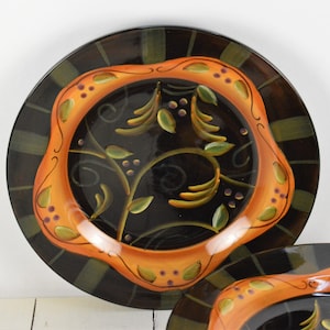 Set of 6 Demdaco CHOCOLATE BERRIES 8&quot; Salad Plates, Dark Chocolate Brown Green Stripes Gold Maroon Accents, Used