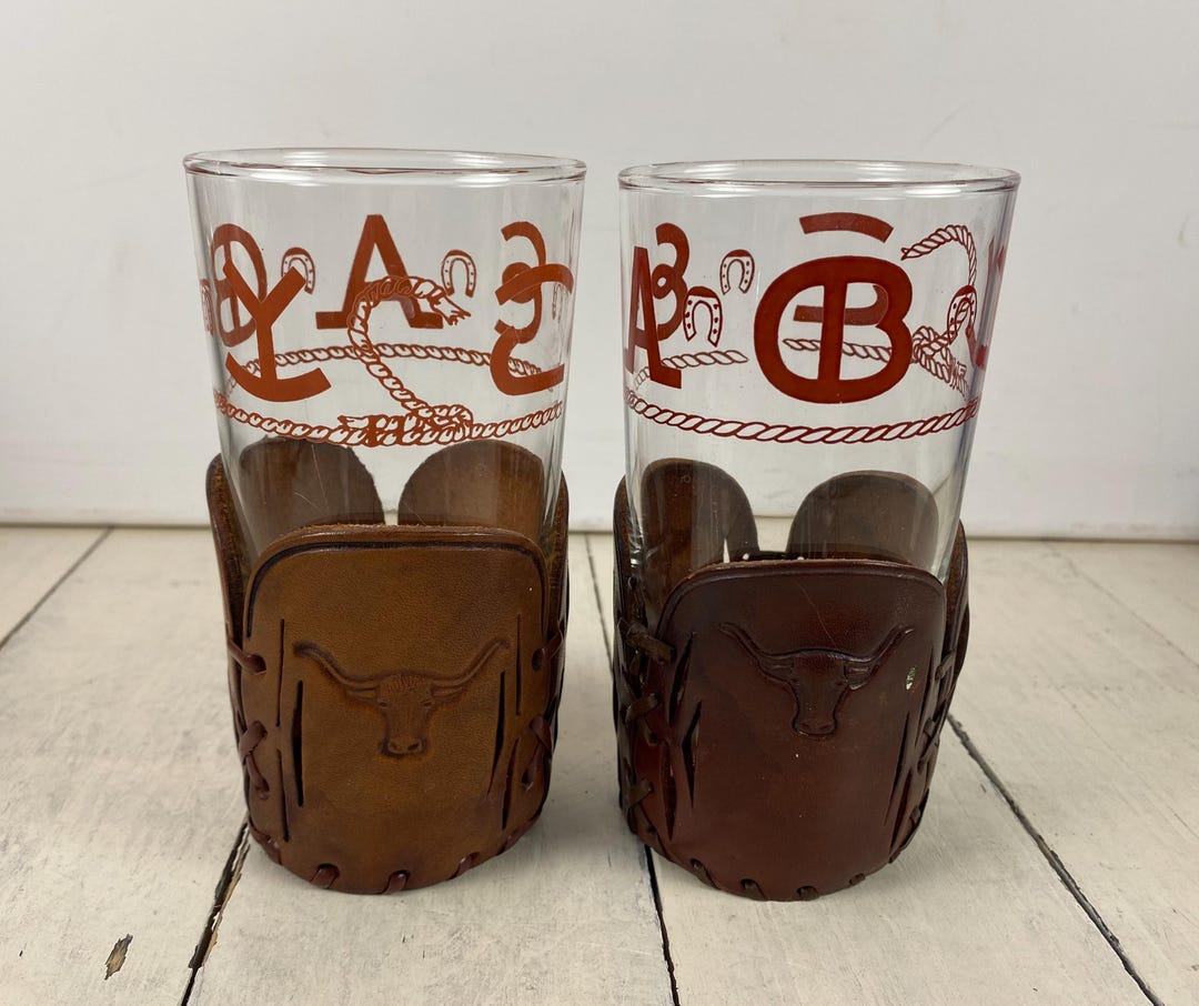 Libbey Ranch Set of 2 Libbey for Bamco Western Barware With Leather Sleeves, 10 Oz ...