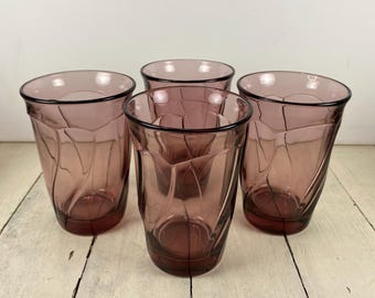 Set of 4 Noritake SWEET SWIRL CRANBERRY Clear 12 oz Highball Glasses 5.25", Water Tumbler Barware, Heavy Glass, Pinky-Purple