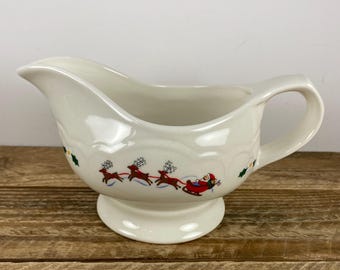Pfaltzgraff SNOW VILLAGE Gravy Boat Sauce Boat, White with Santa Claus Reindeer/Cat Dog Children Sled