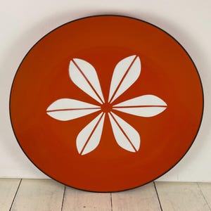Vintage CATHERINEHOLM Orange and White LOTUS 12&quot; Round Platter Plate, Norway Enamelware Plate, Used/Some Scratches