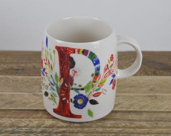 Anthropologie Starla M. Halfmann 12 oz Initial P Mug, White with Colorful Graphic Flowers Blue Initial P, P Name, Monogram