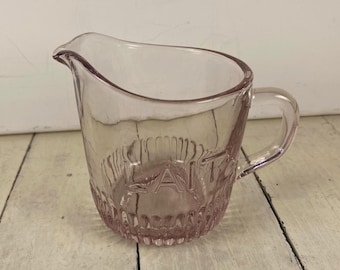 Anthropologie LAIT 10 oz Milk Pitcher 4", Dusty Pink Glass, Raised Lait Letters, Ribbed Bottom, Pink Glass French Creamer Pitcher