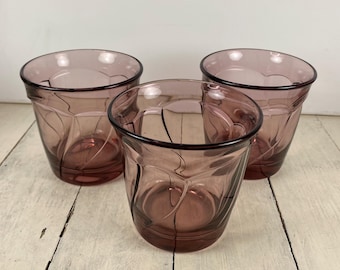 Set of 3 Noritake SWEET SWIRL CRANBERRY 12 oz Double Old-Fashioned Glasses 4", Heavy Pressed Glass, Barware Bar Cart