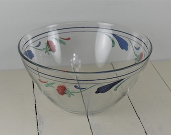 Lenox POPPIES ON BLUE 9" Glass All-Purpose Bowl, Clear Glass Mixing Serving Bowl, Red Flowers Blue Leaves, Used