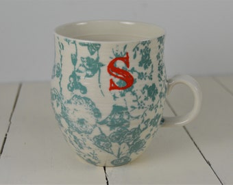 Anthropologie Homegrown 12 oz Initial Mug, Red Letter S, Upper Case, Flowers, Cream with Aqua Bird Floral Print, Black Bird Stamp