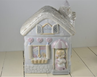 Precious Memories Enesco Bakery Canister Cookie Jar, Waffle Cone Roof, House Canister Jar, Pale Pastels, 10.5"